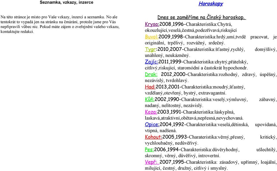 Krysa:2008,1996-Charakteristika:Chytrá, okouzlující,veselá,čestná,podezřívavá,riskující Buvol:2009,1998-Charakteristika:hrdý,umí,tvrdě pracovat, je originální, trpělivý, rozvážný, srdečný.