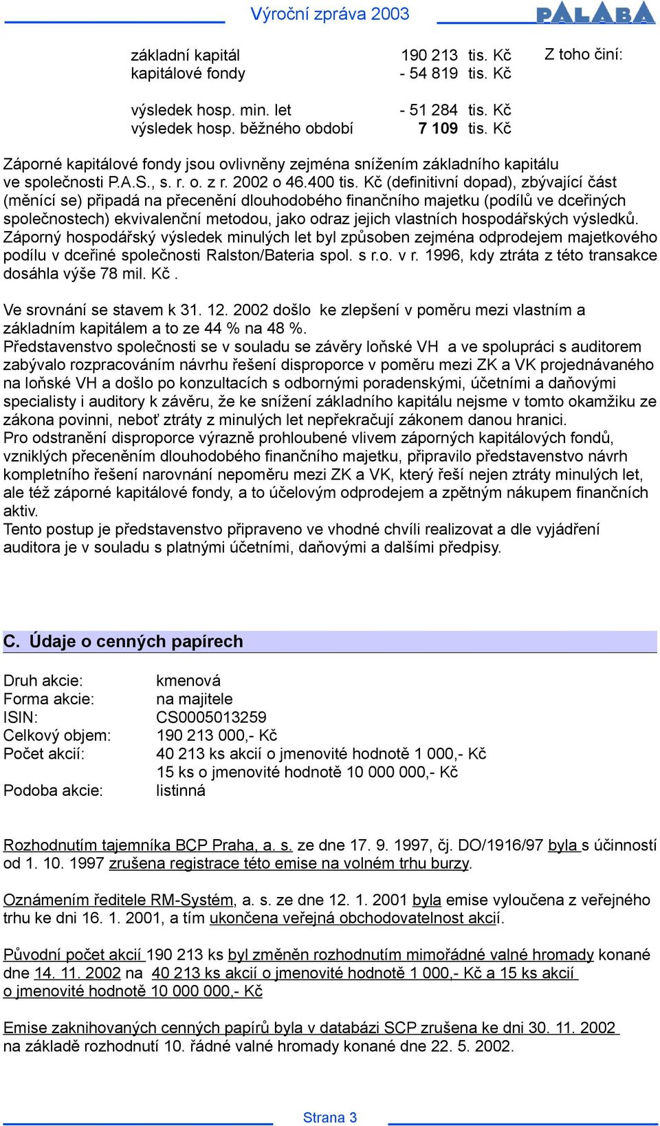 Kč (definitivní dopad), zbývající část (měnící se) připadá na přecenění dlouhodobého finančního majetku (podílů ve dceřiných společnostech) ekvivalenční metodou, jako odraz jejich vlastních