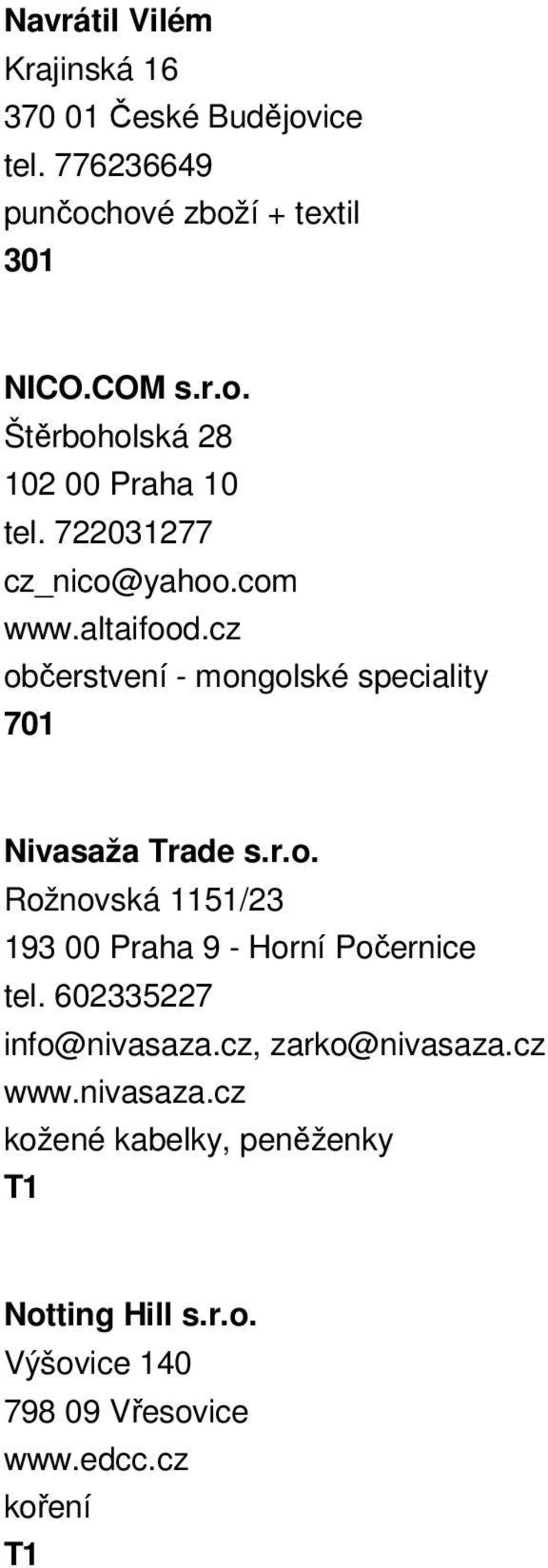 602335227 info@nivasaza.cz, zarko@nivasaza.cz www.nivasaza.cz kožené kabelky, peněženky Notting Hill s.r.o. Výšovice 140 798 09 Vřesovice www.