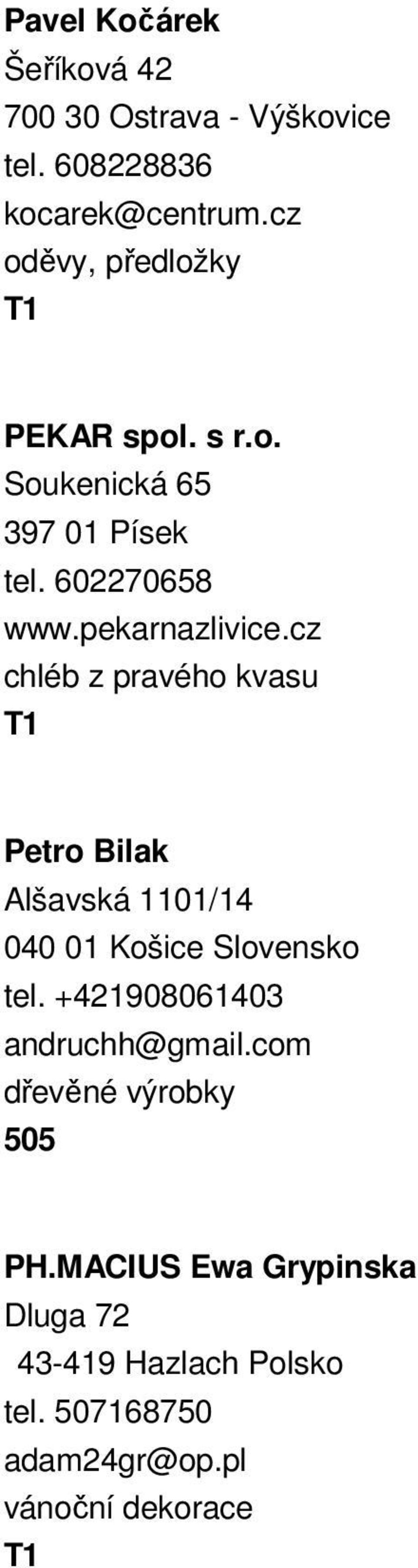 cz chléb z pravého kvasu Petro Bilak Alšavská 1101/14 040 01 Košice Slovensko tel.