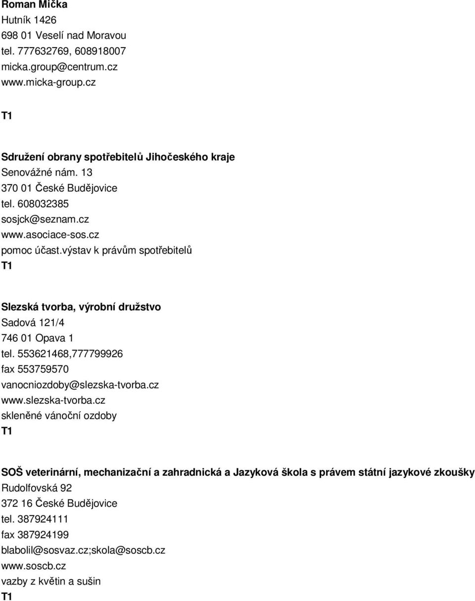 výstav k právům spotřebitelů Slezská tvorba, výrobní družstvo Sadová 121/4 746 01 Opava 1 tel. 553621468,777799926 fax 553759570 vanocniozdoby@slezska-tvorba.cz www.