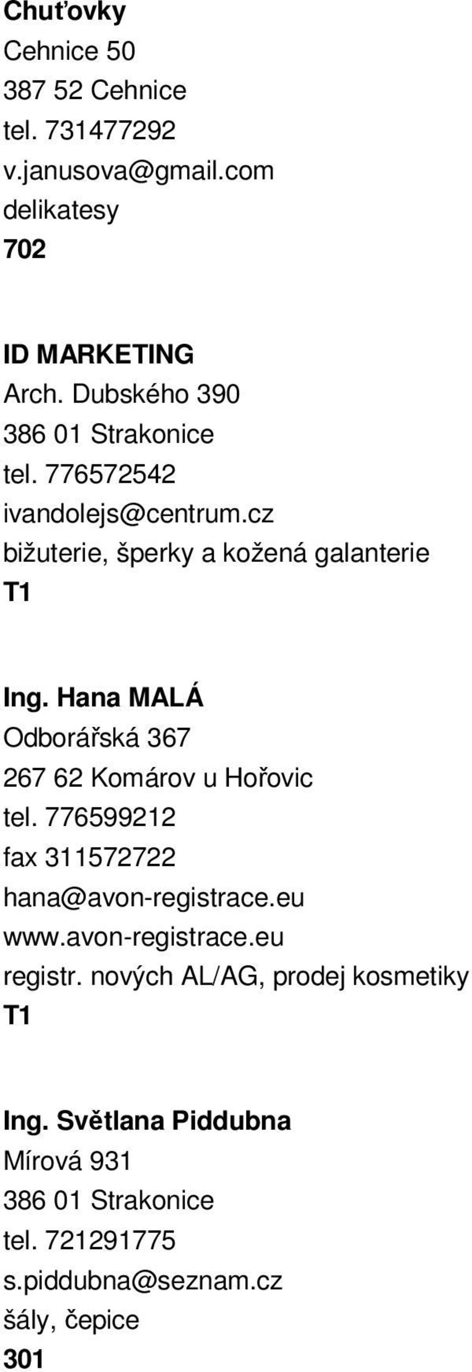 Hana MALÁ Odborářská 367 267 62 Komárov u Hořovic tel. 776599212 fax 311572722 hana@avon-registrace.eu www.