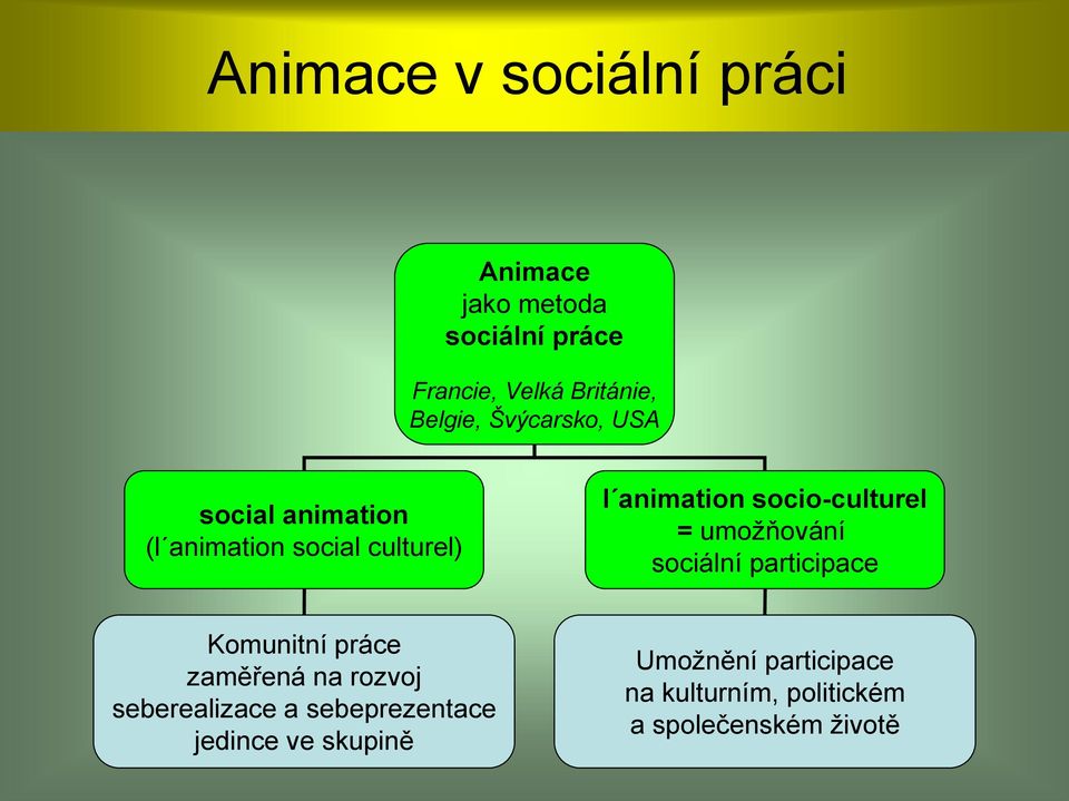 socio-culturel = umoţňování sociální participace Komunitní práce zaměřená na rozvoj