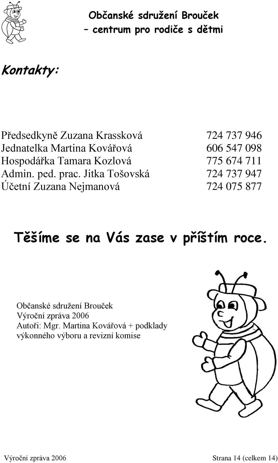 Jitka Tošovská 724 737 947 Účetní Zuzana Nejmanová 724 075 877 Těšíme se na Vás zase v příštím roce.