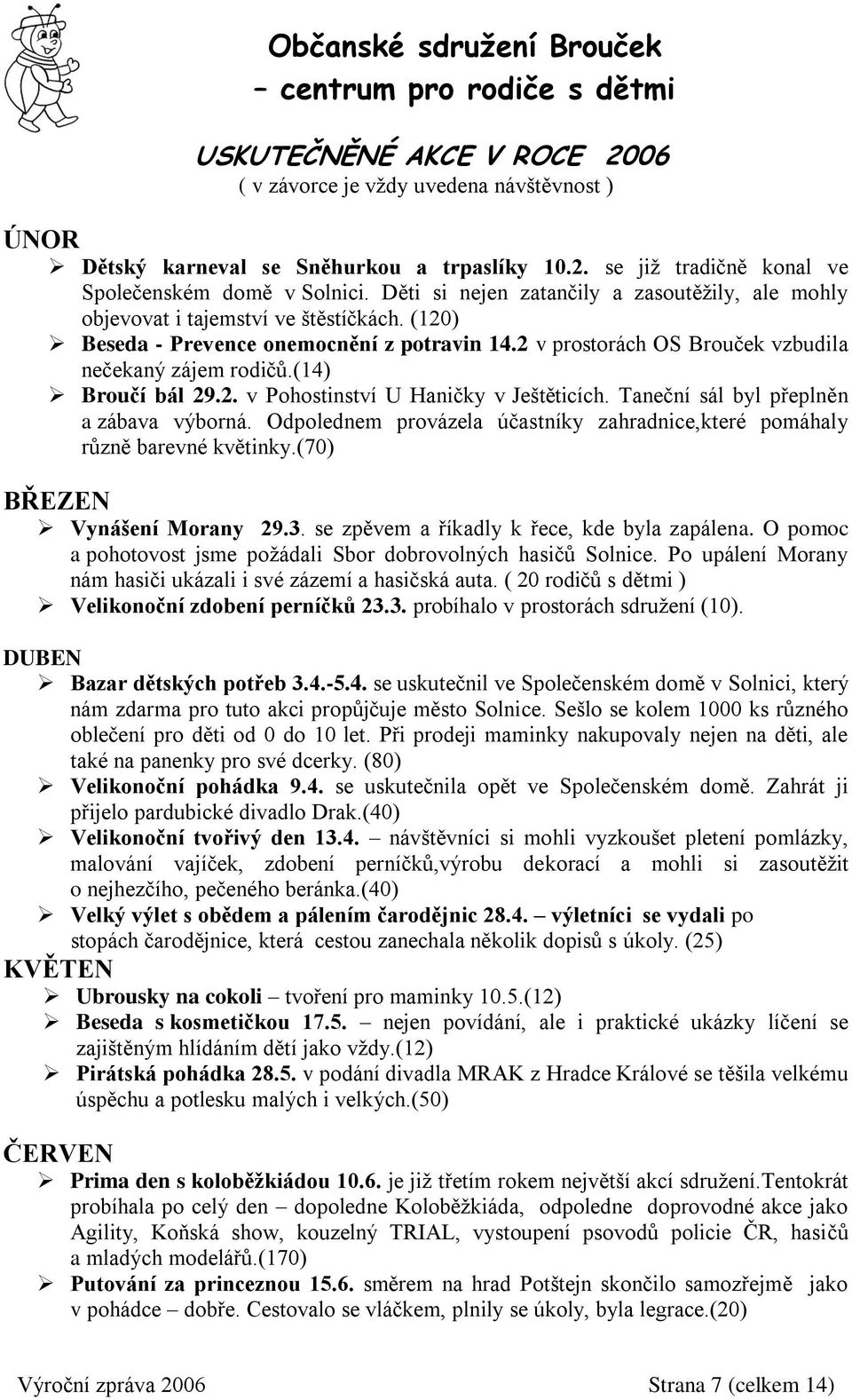 (14) Broučí bál 29.2. v Pohostinství U Haničky v Ještěticích. Taneční sál byl přeplněn a zábava výborná. Odpolednem provázela účastníky zahradnice,které pomáhaly různě barevné květinky.