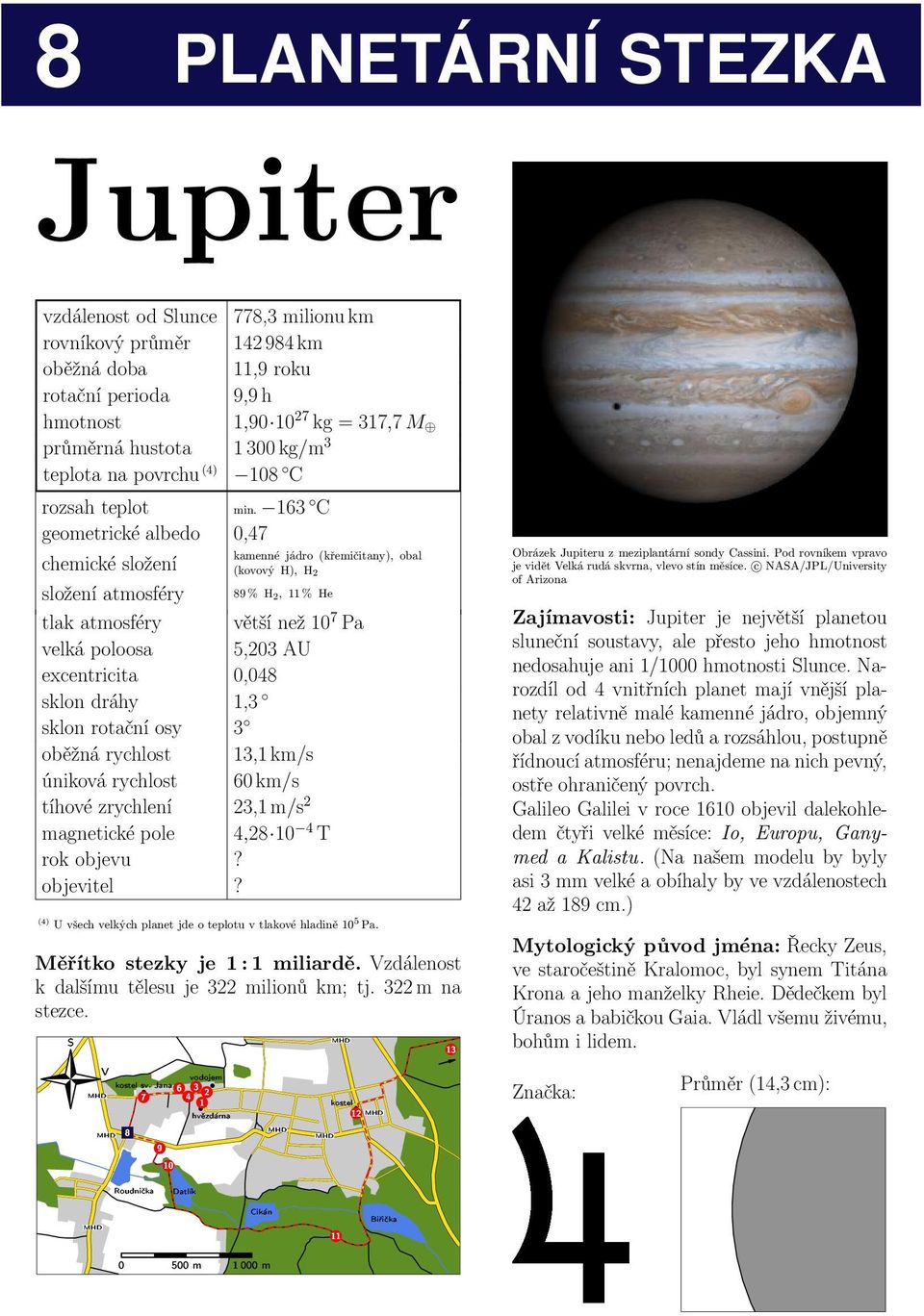 163 C geometrické albedo 0,47 chemické složení kamenné jádro (křemičitany), obal (kovový H), H 2 složení atmosféry 89% H 2, 11% He tlakatmosféry většínež10 7 Pa velká poloosa 5,203 AU excentricita