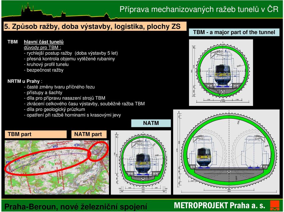 NRTM u Prahy : - časté změny tvaru příčného řezu - přístupy a šachty - díla pro přípravu nasazení strojů TBM - zkrácení celkového