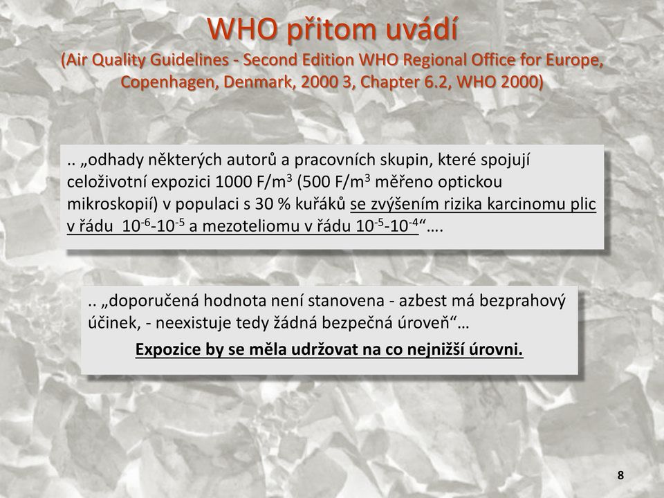 . odhady některých autorů a pracovních skupin, které spojují celoživotní expozici 1000 F/m 3 (500 F/m 3 měřeno optickou mikroskopií) v