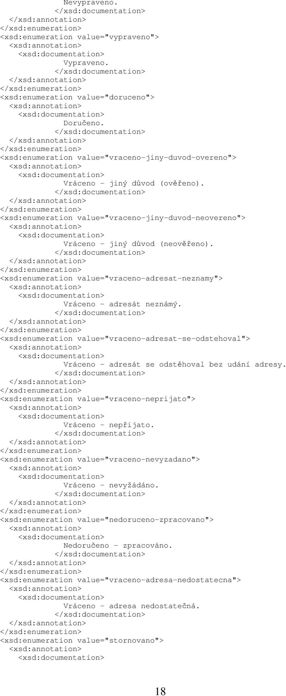 <xsd:enumeration value="vraceno-adresat-se-odstehoval"> Vráceno - adresát se odstěhoval bez udání adresy. <xsd:enumeration value="vraceno-neprijato"> Vráceno - nepřijato.