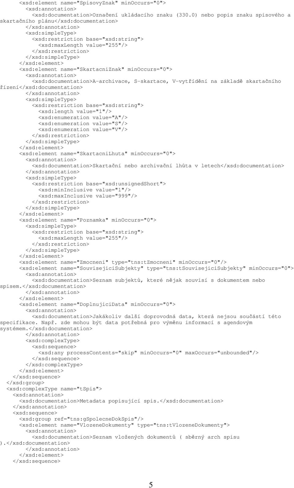 <xsd:length value="1"/> <xsd:enumeration value="a"/> <xsd:enumeration value="s"/> <xsd:enumeration value="v"/> <xsd:element name="skartacnilhuta" minoccurs="0"> Skartační nebo archivační lhůta v