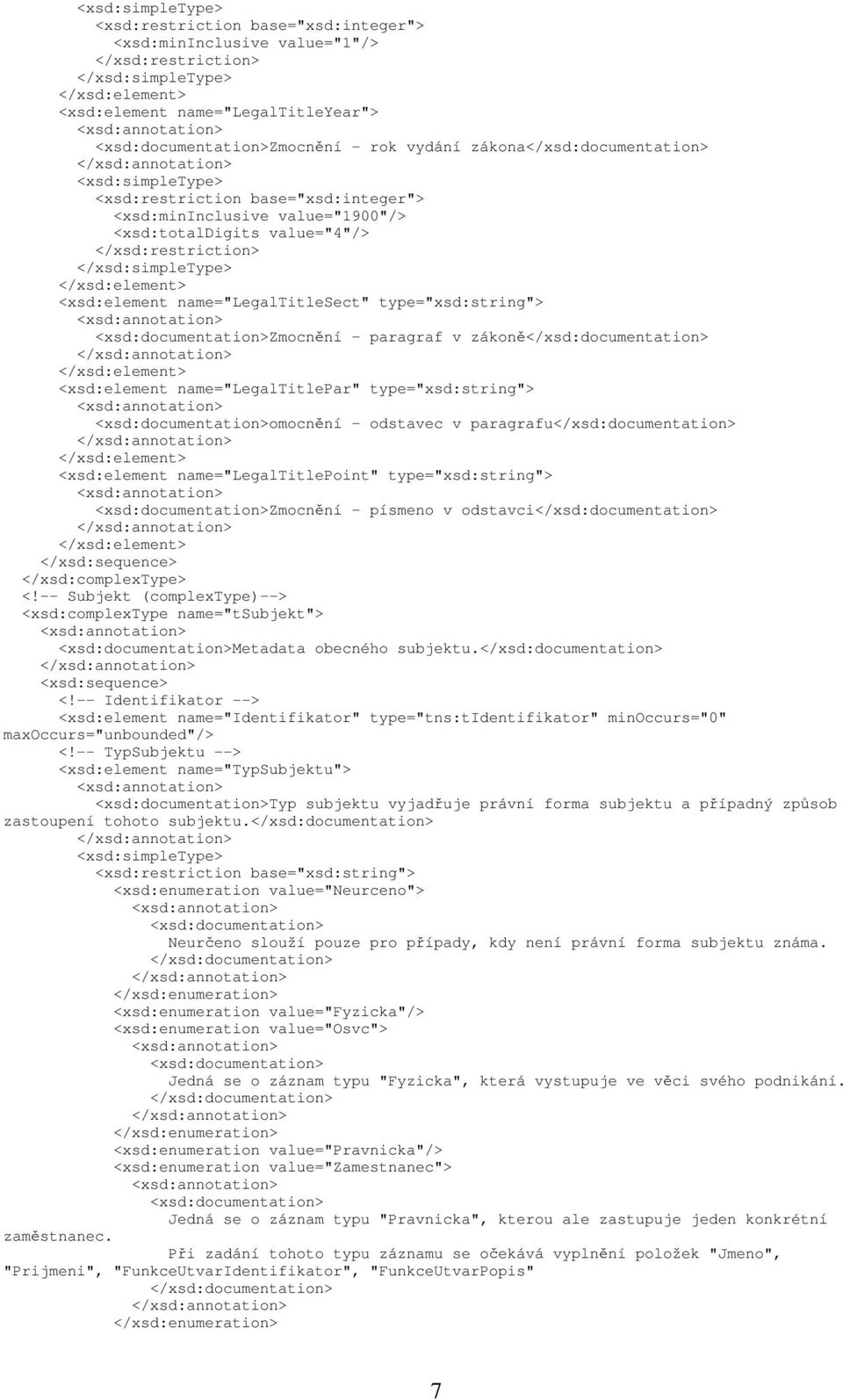 v paragrafu <xsd:element name="legaltitlepoint" type="xsd:string"> Zmocnění - písmeno v odstavci <!-- Subjekt (complextype)--> <xsd:complextype name="tsubjekt"> Metadata obecného subjektu. <!-- Identifikator --> <xsd:element name="identifikator" type="tns:tidentifikator" minoccurs="0" maxoccurs="unbounded"/> <!