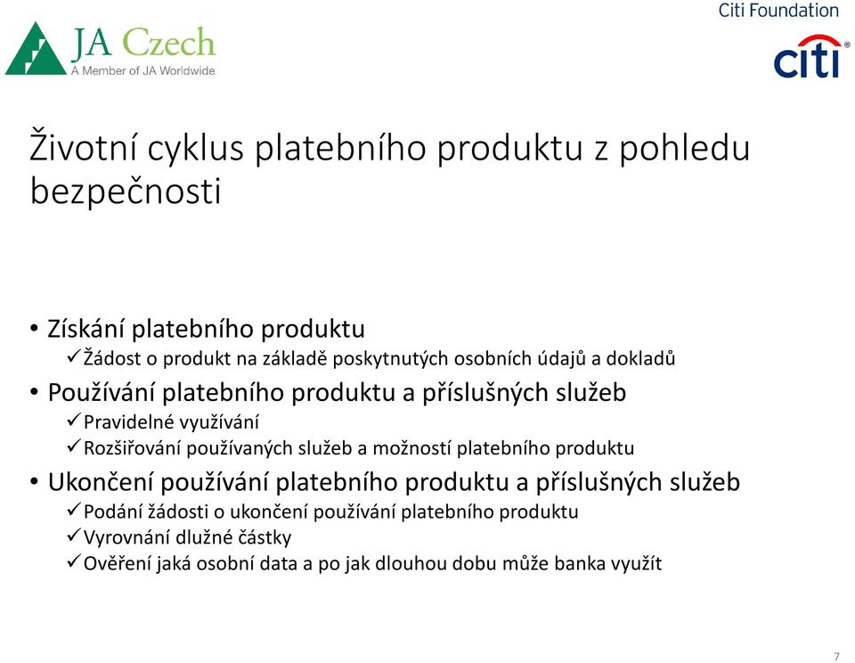 používaných služeb a možností platebního produktu Ukončení používání platebního produktu a příslušných služeb Podání