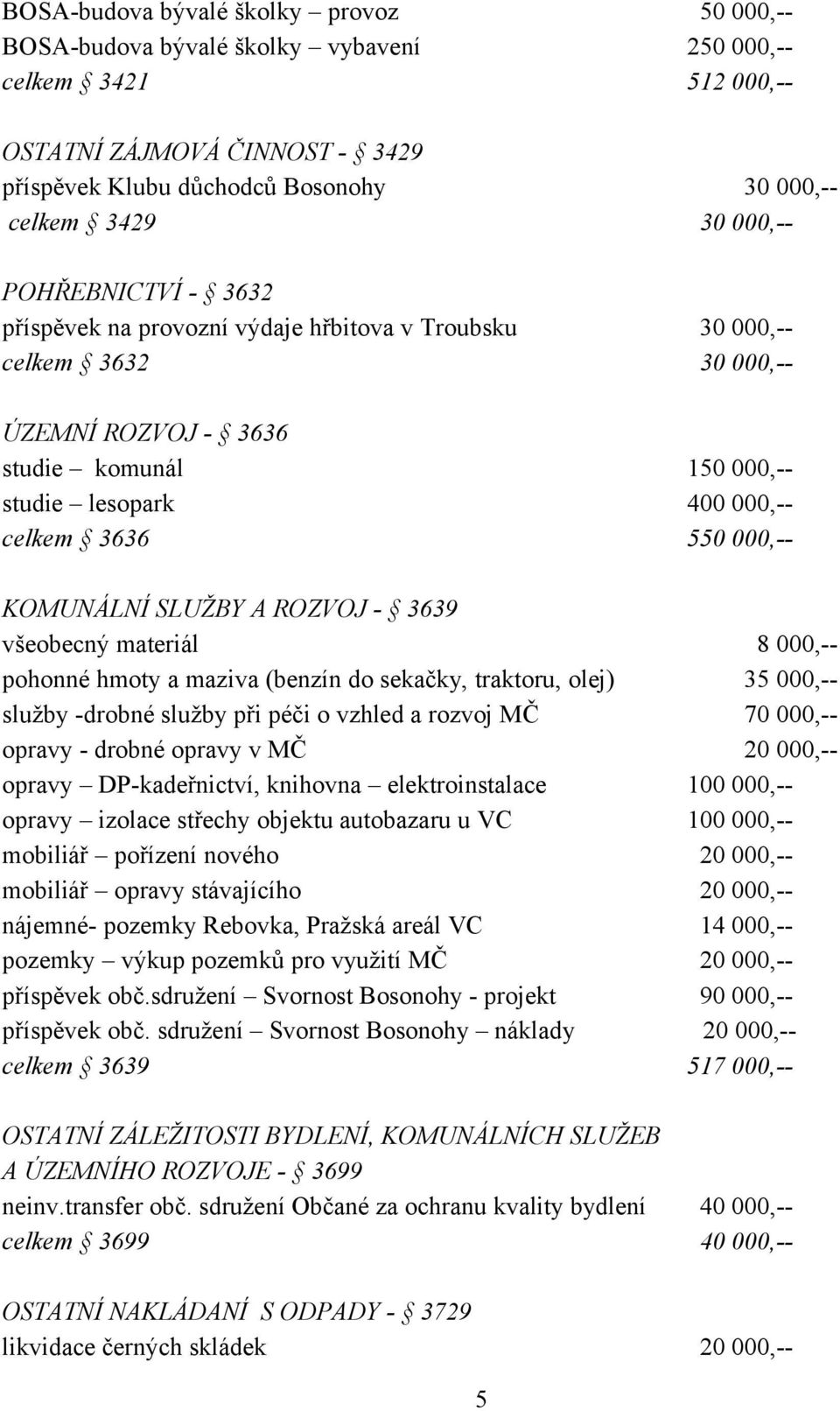 550 000,-- KOMUNÁLNÍ SLUŽBY A ROZVOJ - 3639 všeobecný materiál 8 000,-- pohonné hmoty a maziva (benzín do sekačky, traktoru, olej) 35 000,-- služby -drobné služby při péči o vzhled a rozvoj MČ 70