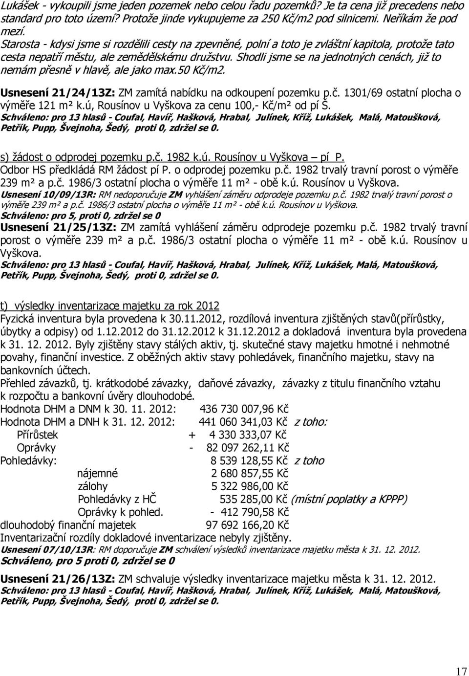 Shodli jsme se na jednotných cenách, již to nemám přesně v hlavě, ale jako max.50 Kč/m2. Usnesení 21/24/13Z: ZM zamítá nabídku na odkoupení pozemku p.č. 1301/69 ostatní plocha o výměře 121 m² k.