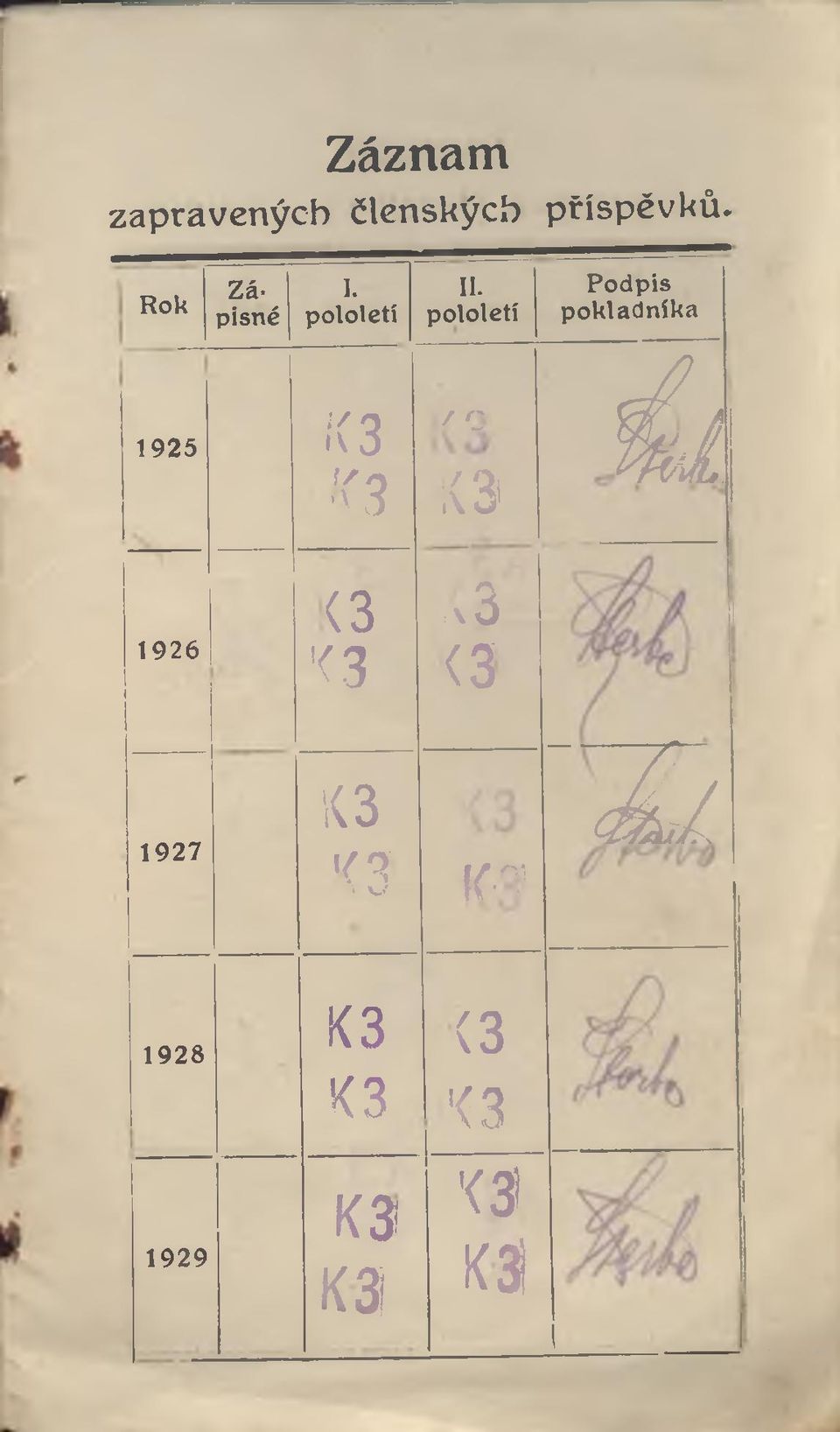 pololetí Podpis pokladníka 4á 1925 X 3 / o K3 O (3