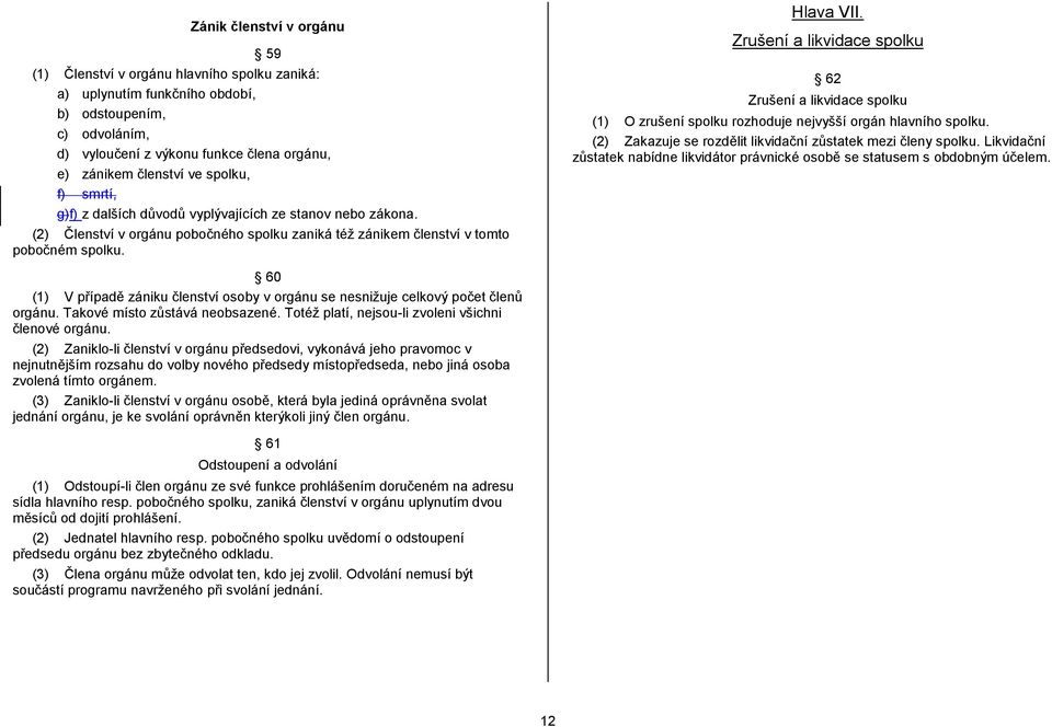 Zrušení a likvidace spolku 62 Zrušení a likvidace spolku (1) O zrušení spolku rozhoduje nejvyšší orgán hlavního spolku. (2) Zakazuje se rozdělit likvidační zůstatek mezi členy spolku.