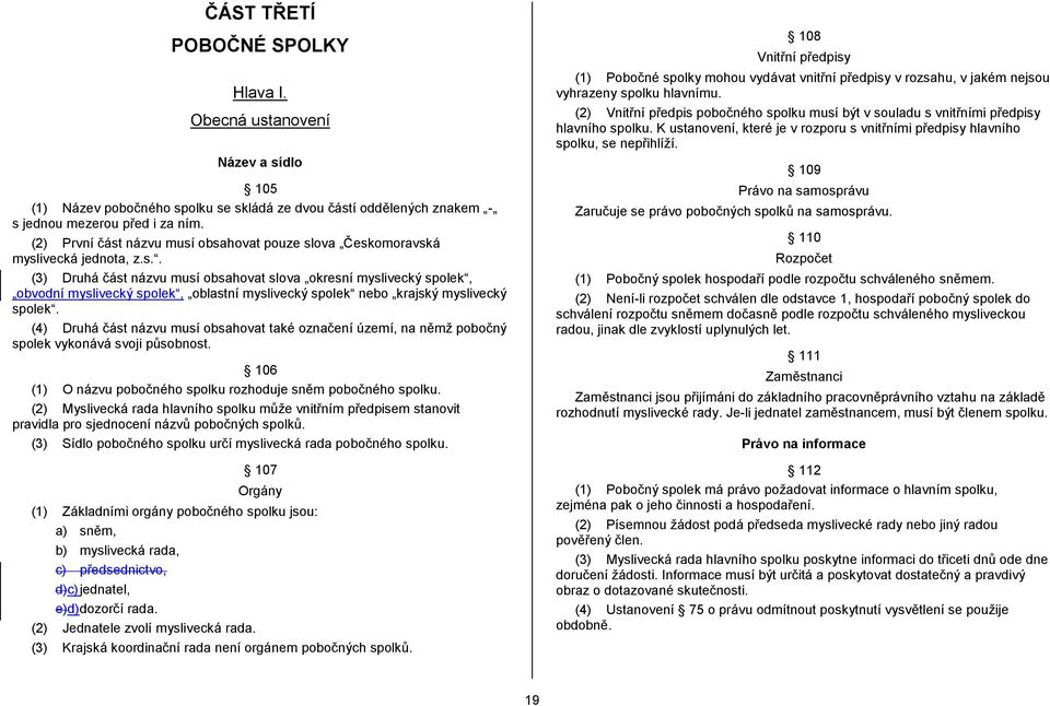 (4) Druhá část názvu musí obsahovat také označení území, na němž pobočný spolek vykonává svoji působnost. 106 (1) O názvu pobočného spolku rozhoduje sněm pobočného spolku.