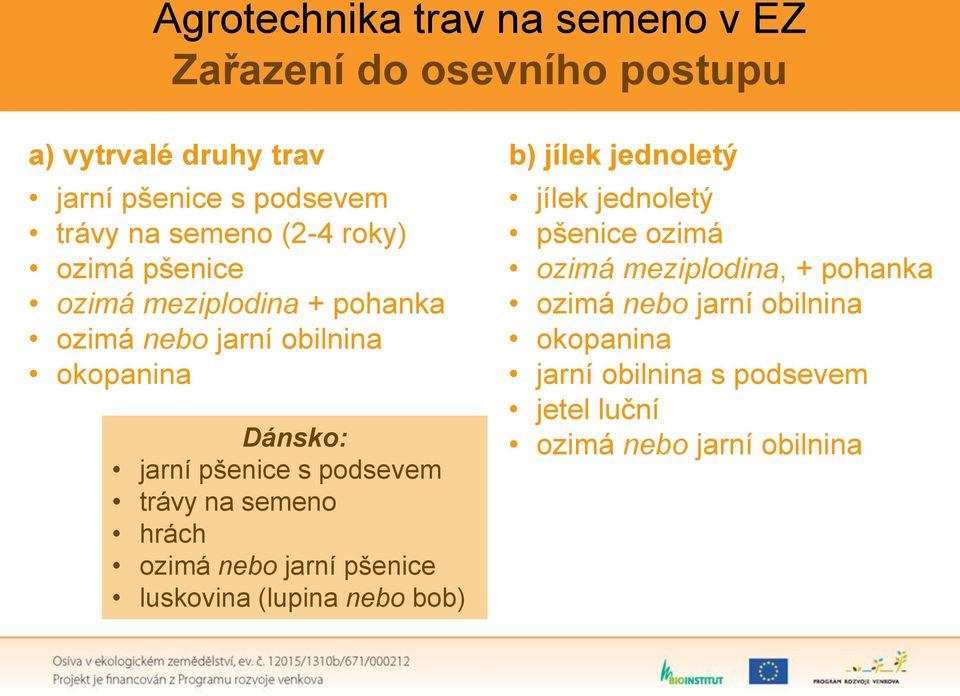 podsevem trávy na semeno hrách ozimá nebo jarní pšenice luskovina (lupina nebo bob) b) jílek jednoletý jílek jednoletý