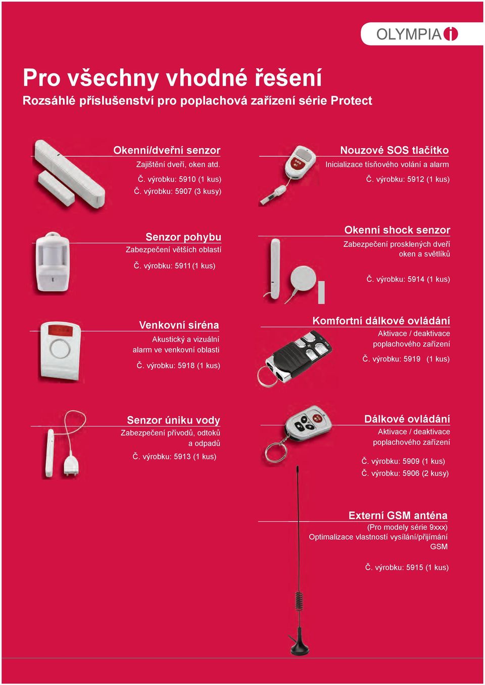 výrobku: 5911 (1 kus) Okenní shock senzor Zabezpečení prosklených dveří oken a světlíků Č. výrobku: 5914 (1 kus) Venkovní siréna Akustický a vizuální alarm ve venkovní oblasti Č.
