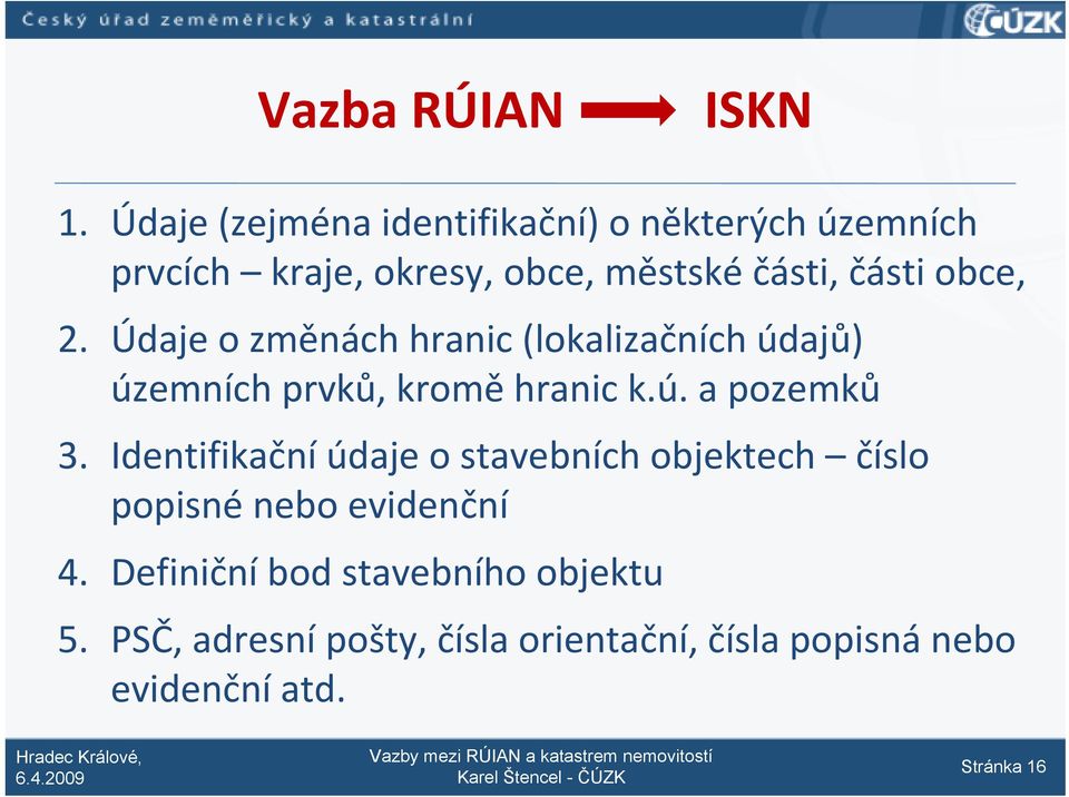 obce, 2. Údaje o změnách hranic (lokalizačních údajů) územních prvků, kromě hranic k.ú. a pozemků 3.