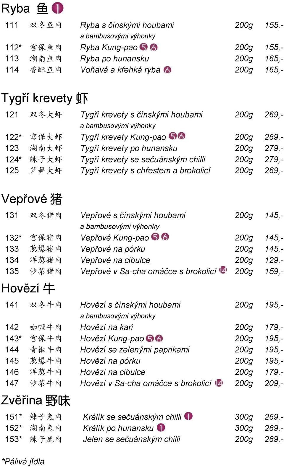 279,- 125 芦 笋 大 虾 Tygří krevety s chřestem a brokolicí 200g 269,- Vepřové 猪 131 双 冬 猪 肉 Vepřové s čínskými houbami 200g 145,- 132* 宫 保 猪 肉 Vepřové Kung-pao 200g 145,- 133 葱 爆 猪 肉 Vepřové na pórku