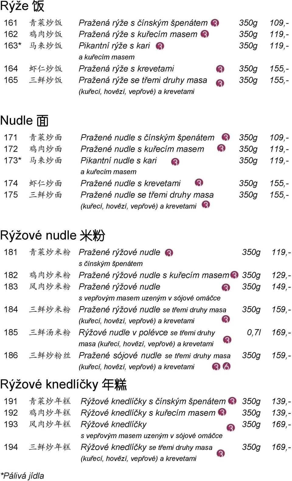 173* 马 来 炒 面 Pikantnínudle s kari 350g 119,- a kuřecím masem 174 虾 仁 炒 面 Pražené nudle s krevetami 350g 155,- 175 三 鲜 炒 面 Pražené nudle se třemi druhy masa 350g 155,- Rýžové nudle 米 粉 181 青 菜 炒 米 粉