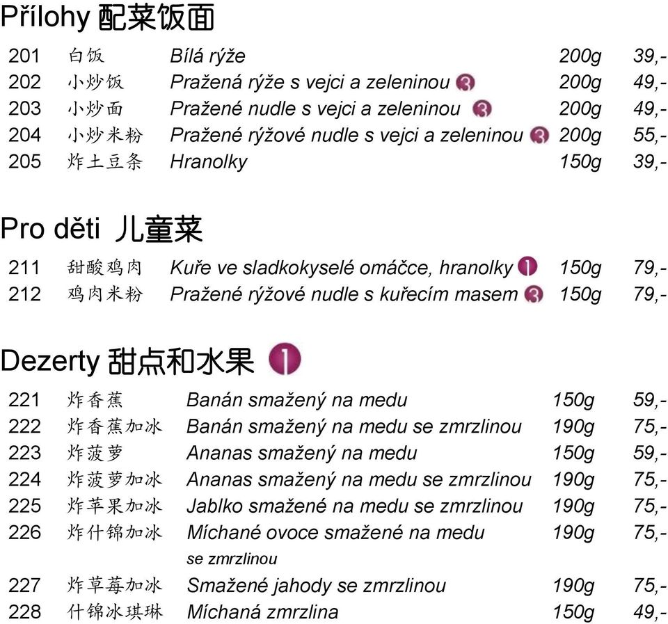 水 果 221 炸 香 蕉 Banán smažený na medu 150g 59,- 222 炸 香 蕉 加 冰 Banán smažený na medu se zmrzlinou 190g 75,- 223 炸 菠 萝 Ananas smažený na medu 150g 59,- 224 炸 菠 萝 加 冰 Ananas smažený na medu se zmrzlinou