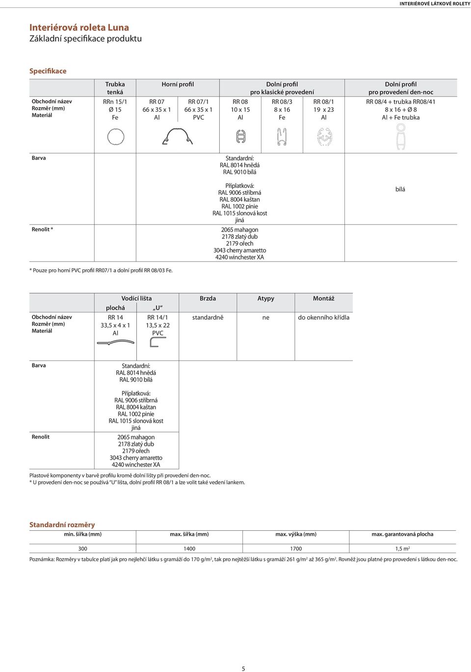 Standardní: RAL 8014 hnědá RAL 9010 bílá Renolit * * Pouze pro horní PVC profil RR07/1 a dolní profil RR 08/03 Fe.