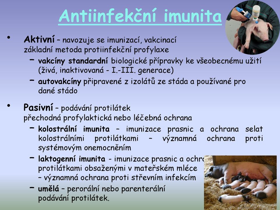 generace) autovakcíny připravené z izolátů ze stáda a používané pro dané stádo Pasivní podávání protilátek přechodná profylaktická nebo léčebná ochrana kolostrální