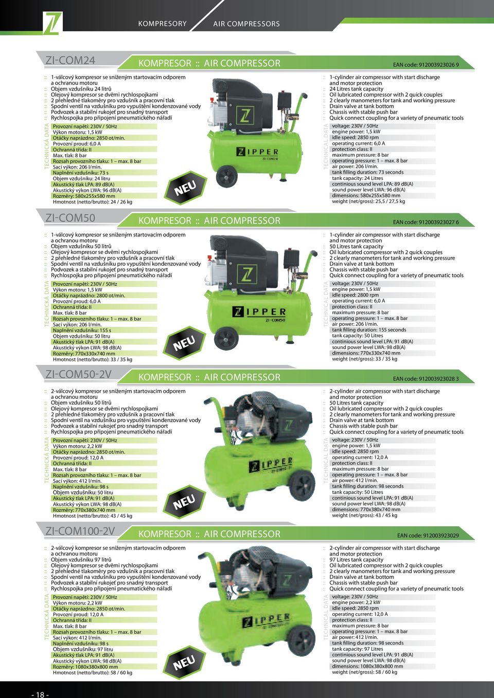 pneumatického nářadí Výkon motoru: 1,5 kw Otáčky naprázdno: 2850 ot/min. Provozní proud: 6,0 A Max. tlak: 8 bar Rozsah provozního tlaku: 1 max. 8 bar Sací výkon: 206 l/min.