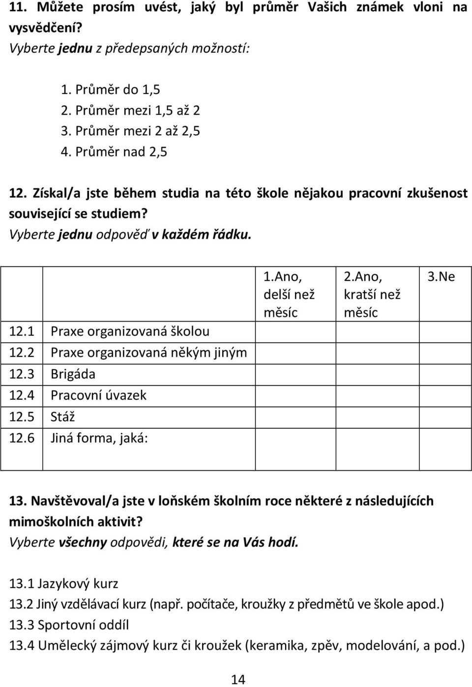 Ano, delší než měsíc 2.Ano, kratší než měsíc 3.Ne 12.2 Praxe organizovaná někým jiným 12.3 Brigáda 12.4 Pracovní úvazek 12.5 Stáž 12.6 Jiná forma, jaká: 13.