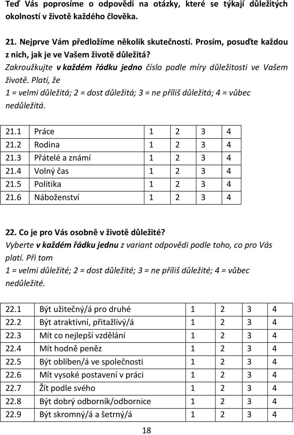 Platí, že 1 = velmi důležitá; 2 = dost důležitá; 3 = ne příliš důležitá; 4 = vůbec nedůležitá. 21.1 Práce 1 2 3 4 21.2 Rodina 1 2 3 4 21.3 Přátelé a známí 1 2 3 4 21.4 Volný čas 1 2 3 4 21.