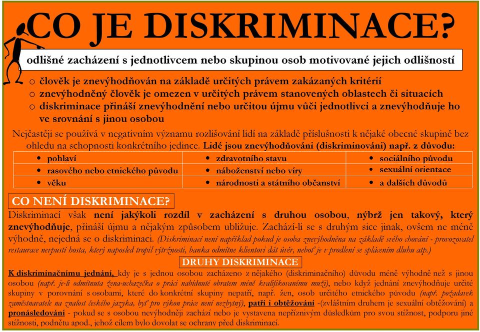 právem stanovených oblastech či situacích o diskriminace přináší znevýhodnění nebo určitou újmu vůči jednotlivci a znevýhodňuje ho ve srovnání s jinou osobou Nejčastěji se používá v negativním