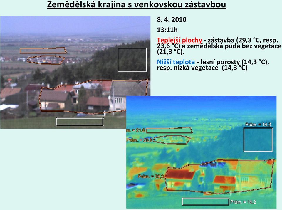 23,6 C) a zemědělská půda bez vegetace (21,3 C).