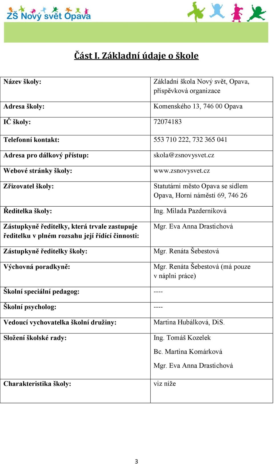 Adresa pro dálkový přístup: Webové stránky školy: Zřizovatel školy: Ředitelka školy: Zástupkyně ředitelky, která trvale zastupuje ředitelku v plném rozsahu její řídící činnosti: Zástupkyně ředitelky