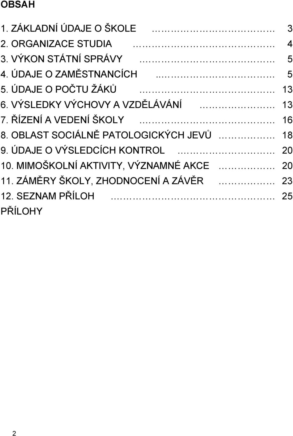 ŘÍZENÍ A VEDENÍ ŠKOLY. 16 8. OBLAST SOCIÁLNĚ PATOLOGICKÝCH JEVŮ 18 9. ÚDAJE O VÝSLEDCÍCH KONTROL.