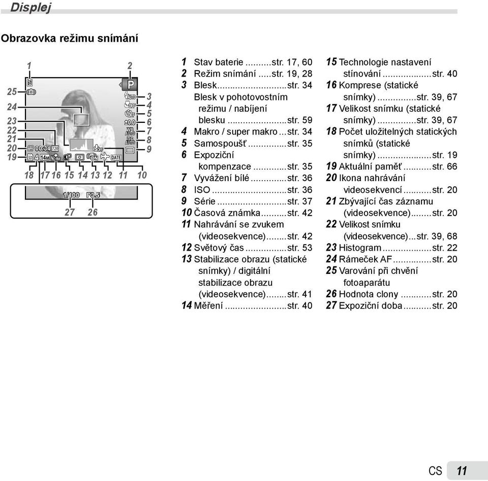 ..str. 36 9 Série...str. 37 10 Časová známka...str. 42 11 Nahrávání se zvukem (videosekvence)...str. 42 12 Světový čas...str. 53 13 Stabilizace obrazu (statické snímky) / digitální stabilizace obrazu (videosekvence).