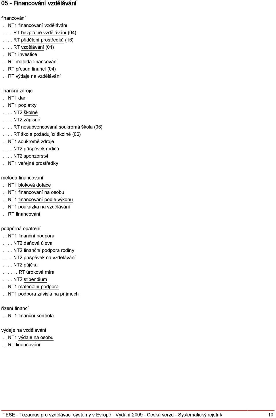 . NT1 soukromé zdroje.... NT2 příspěvek rodičů.... NT2 sponzorství.. NT1 veřejné prostředky metoda financování.. NT1 bloková dotace.. NT1 financování na osobu.. NT1 financování podle výkonu.