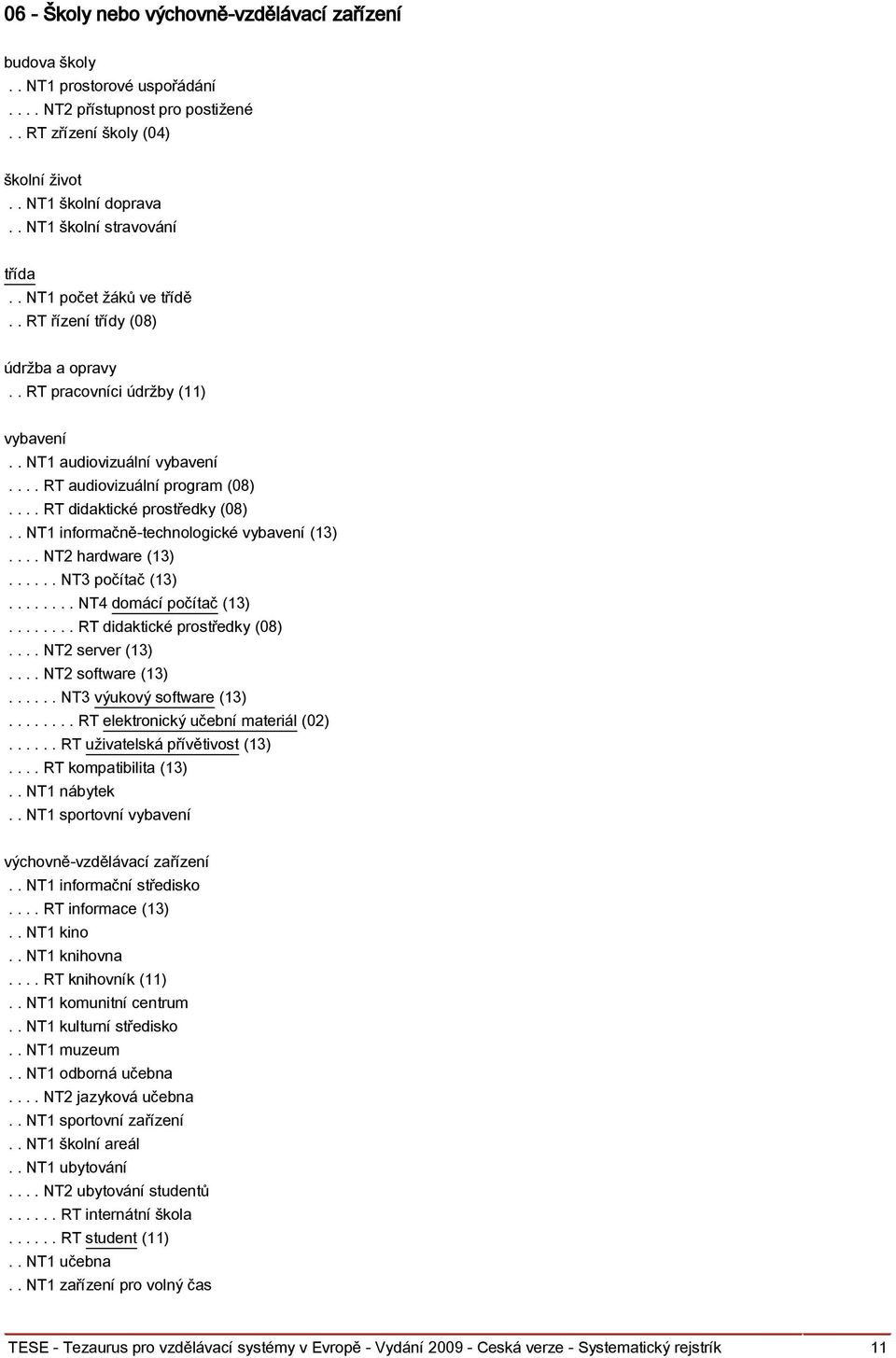 ... RT didaktické prostředky (08).. NT1 informačně-technologické vybavení (13).... NT2 hardware (13)...... NT3 počítač (13)........ NT4 domácí počítač (13)........ RT didaktické prostředky (08).... NT2 server (13).