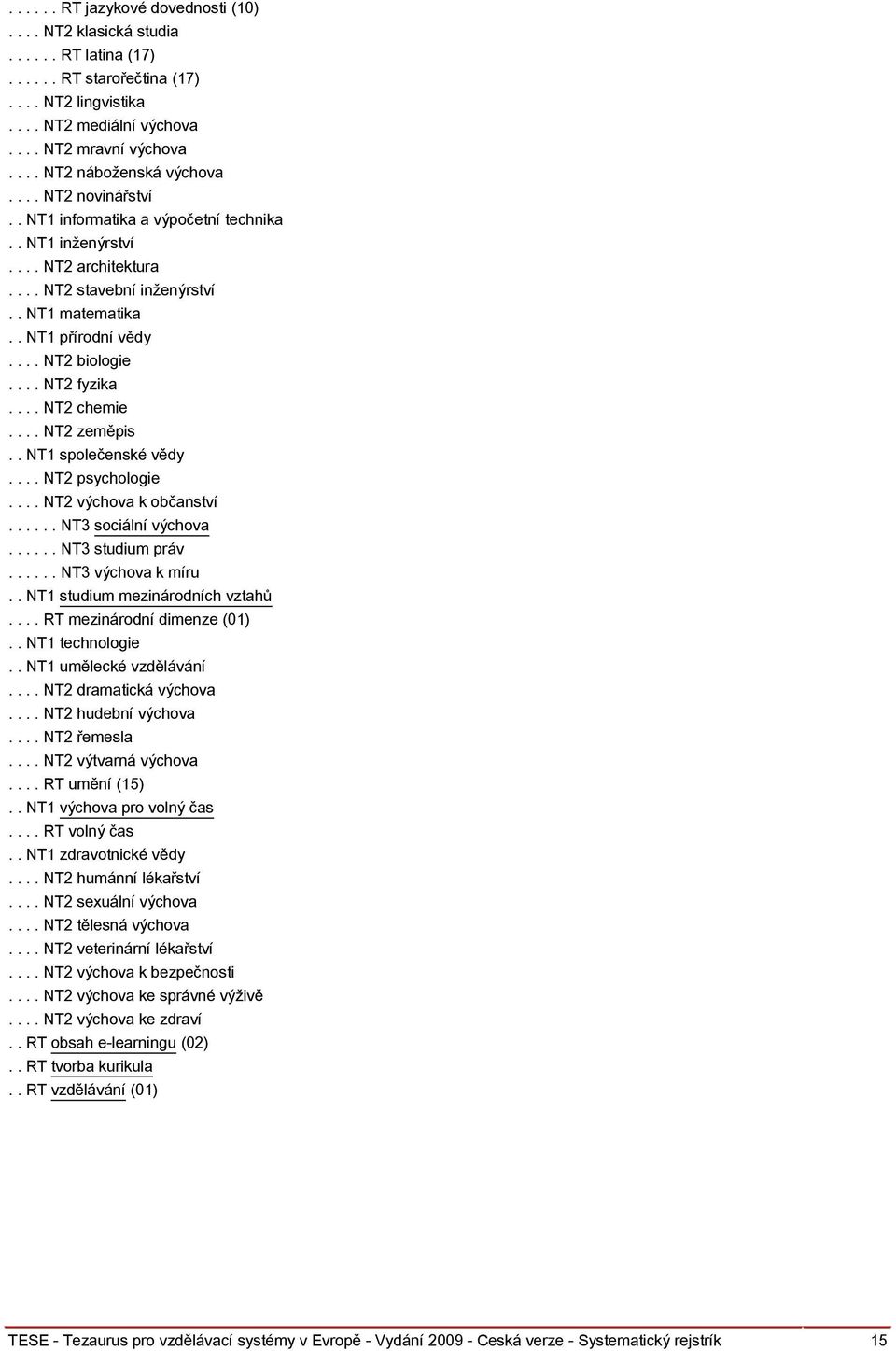 ... NT2 chemie.... NT2 zeměpis.. NT1 společenské vědy.... NT2 psychologie.... NT2 výchova k občanství...... NT3 sociální výchova...... NT3 studium práv...... NT3 výchova k míru.