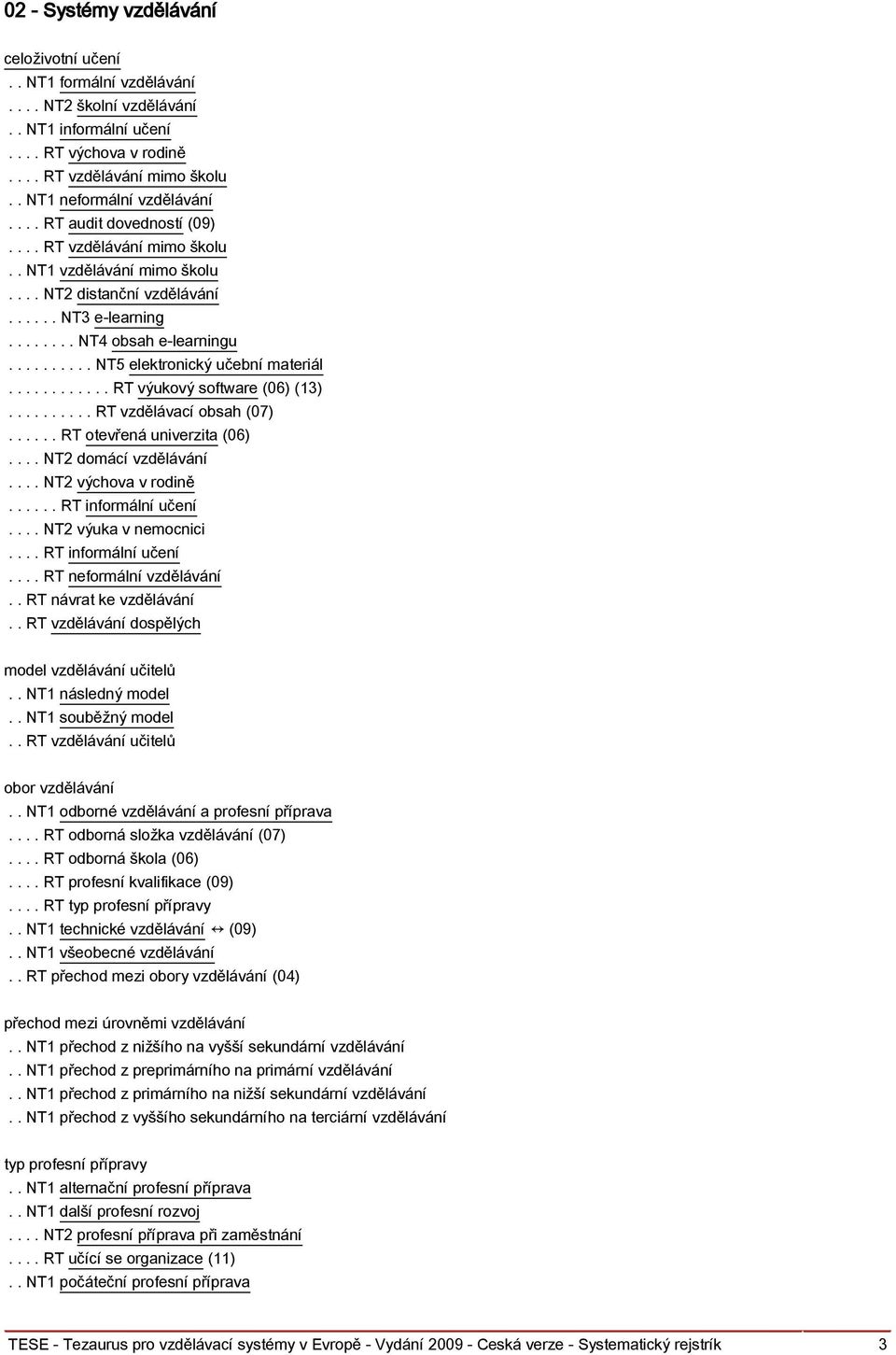 ........... RT výukový software (06) (13).......... RT vzdělávací obsah (07)...... RT otevřená univerzita (06).... NT2 domácí vzdělávání.... NT2 výchova v rodině...... RT informální učení.