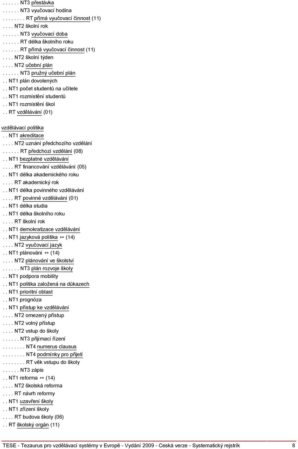. NT1 akreditace.... NT2 uznání předchozího vzdělání...... RT předchozí vzdělání (08).. NT1 bezplatné vzdělávání.... RT financování vzdělávání (05).. NT1 délka akademického roku.... RT akademický rok.