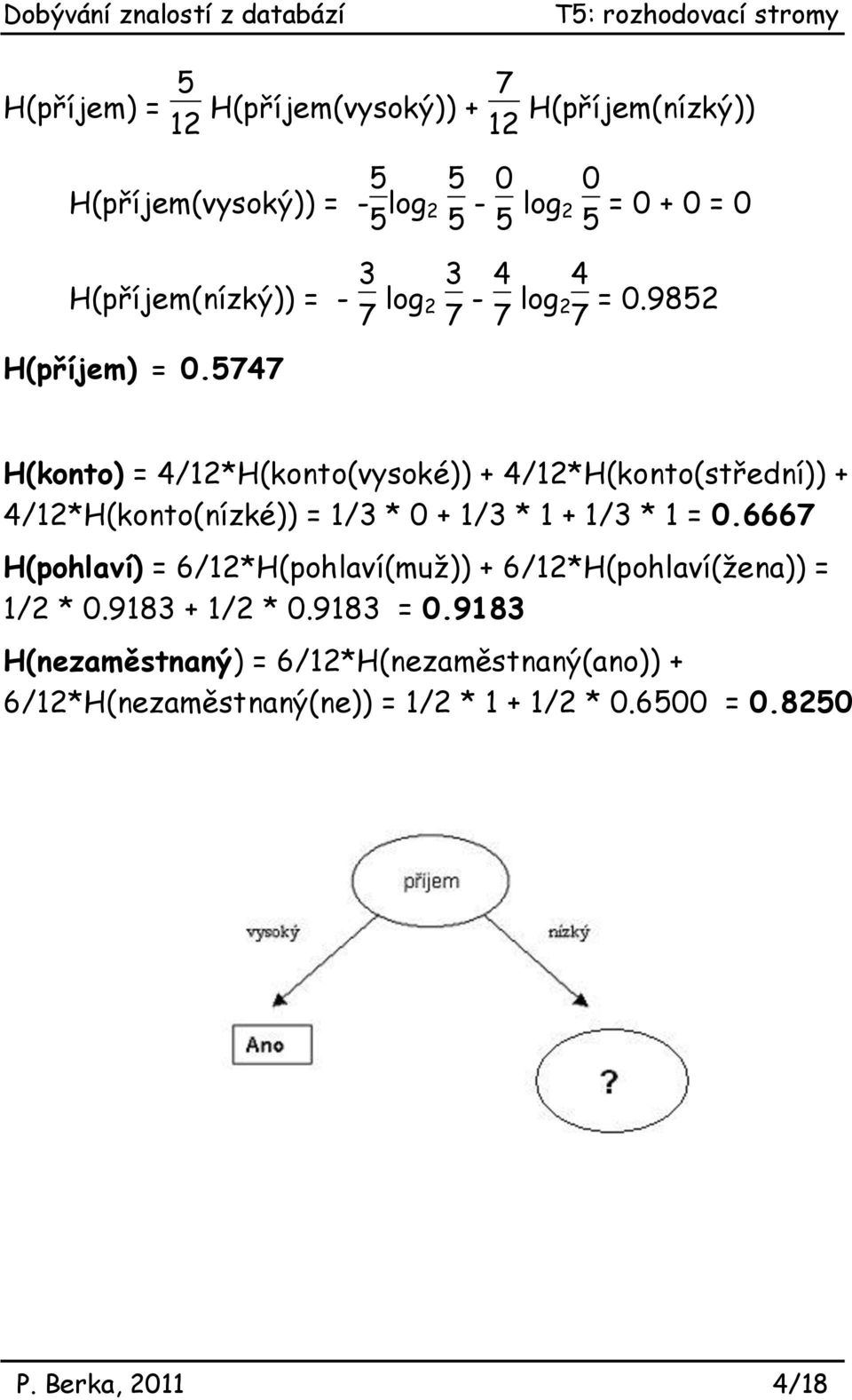 5747 H(koto) = 4/12*H(koto(vysoké)) + 4/12*H(koto(středí)) + 4/12*H(koto(ízké)) = 1/3 * 0 + 1/3 * 1 + 1/3 * 1 = 0.