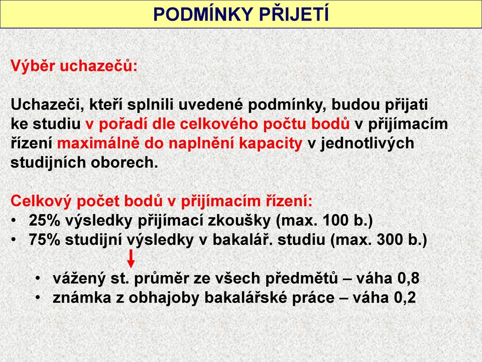 Celkový počet bodů v přijímacím řízení: 25% výsledky přijímací zkoušky (max. 100 b.