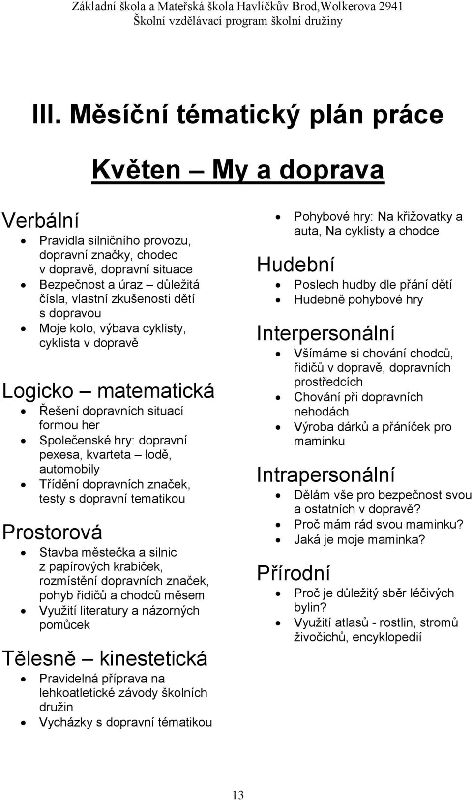 Prostorová Stavba městečka a silnic z papírových krabiček, rozmístění dopravních značek, pohyb řidičů a chodců měsem Využití literatury a názorných pomůcek Tělesně kinestetická Pravidelná příprava na