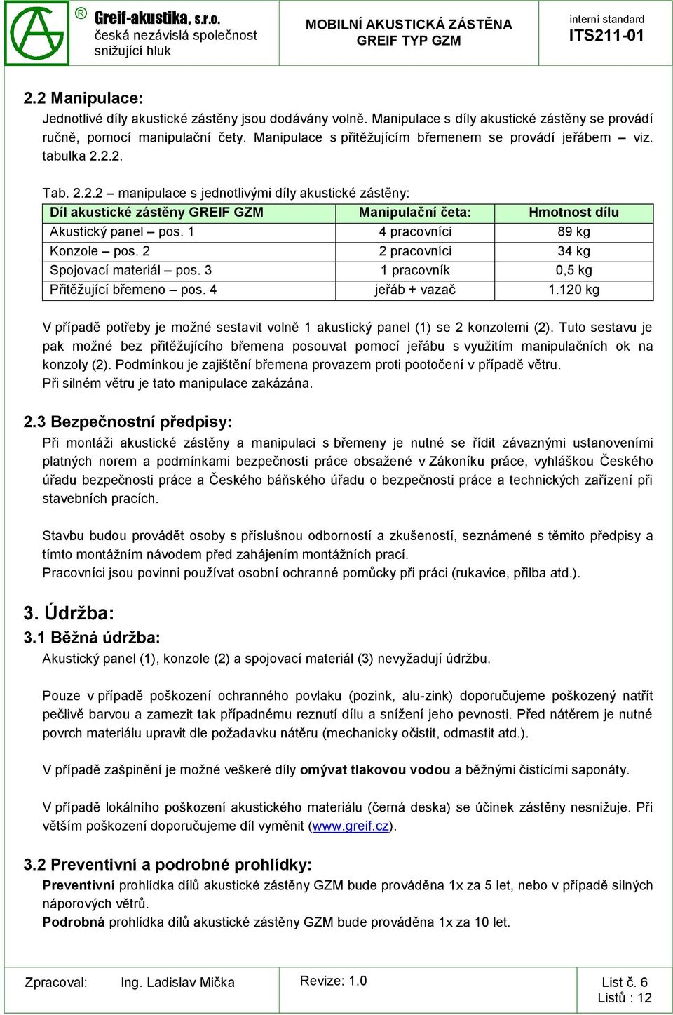 2.2. Tab. 2.2.2 manipulace s jednotlivými díly akustické zástěny: Díl akustické zástěny GREIF GZM Manipulační četa: Hmotnost dílu Akustický panel pos. 1 4 pracovníci 89 kg Konzole pos.