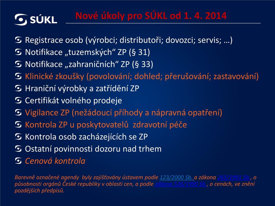 přerušování; zastavování) Hraniční výrobky a zatřídění ZP Certifikát volného prodeje Vigilance ZP (nežádoucí příhody a nápravná opatření) Kontrola ZP u poskytovatelů