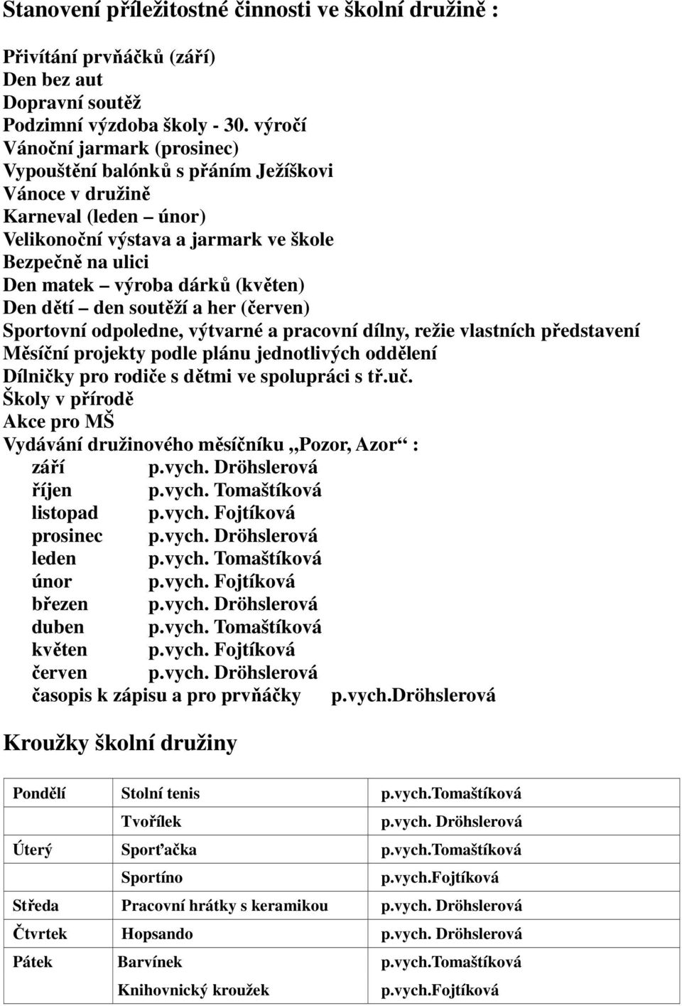 Den dětí den soutěží a her (červen) Sportovní odpoledne, výtvarné a pracovní dílny, režie vlastních představení Měsíční projekty podle plánu jednotlivých oddělení Dílničky pro rodiče s dětmi ve