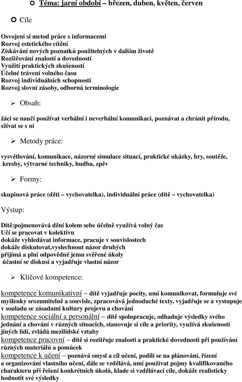 komunikaci, poznávat a chránit přírodu, sžívat se s ní Metody práce: vysvětlování, komunikace, názorné simulace situací, praktické ukázky, hry, soutěže, kresby, výtvarné techniky, hudba, zpěv Formy: