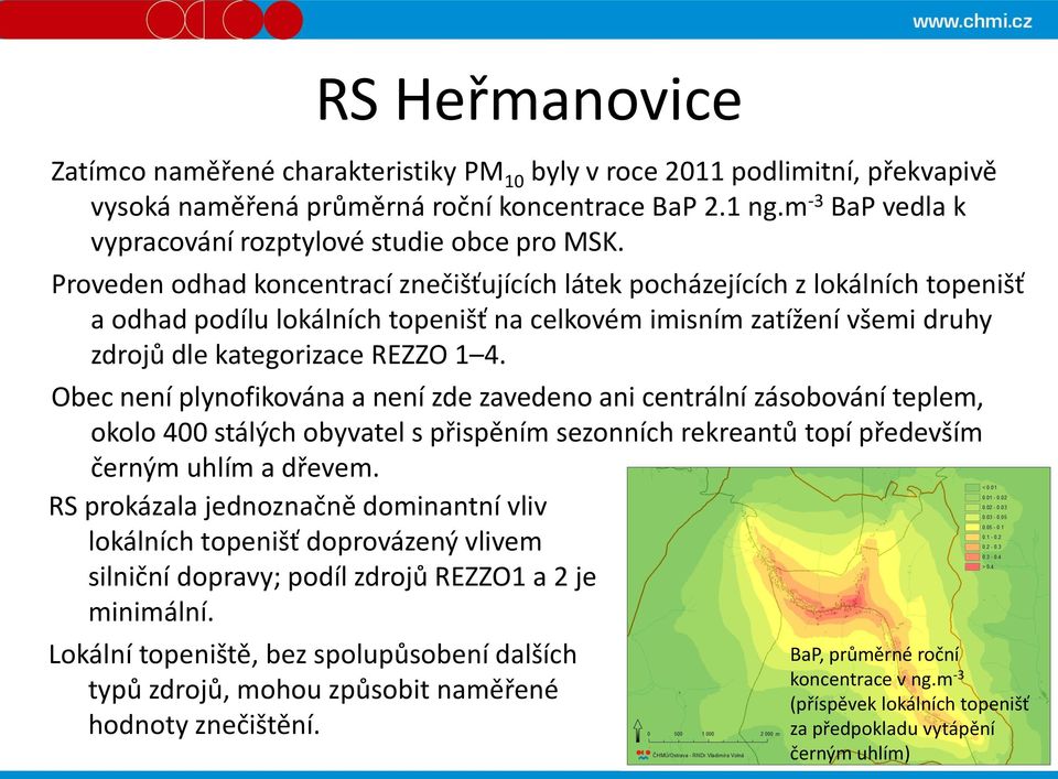 Proveden odhad koncentrací znečišťujících látek pocházejících z lokálních topenišť a odhad podílu lokálních topenišť na celkovém imisním zatížení všemi druhy zdrojů dle kategorizace REZZO 1 4.